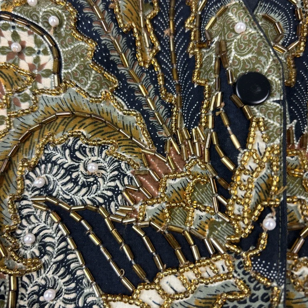 Vtg Dalin Waistcoat Vest Plus Sz 1X Beads Pearls Gold Black Olive Paisley Floral - Picture 2 of 9